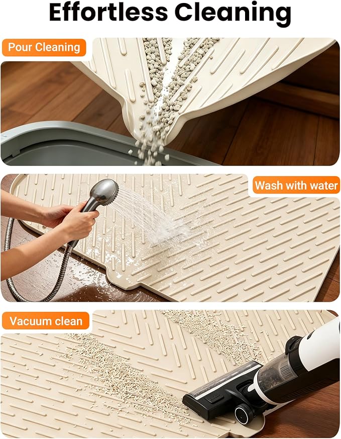 Cat Litter Mat, 47"x37" Extra Large Litter Box Mat, Silicone Mat, Beige | Waterproof Litter Trapping Mat for Scatter Control, Soft on Cat Paws Non-Slip Easy to Clean - Image 7