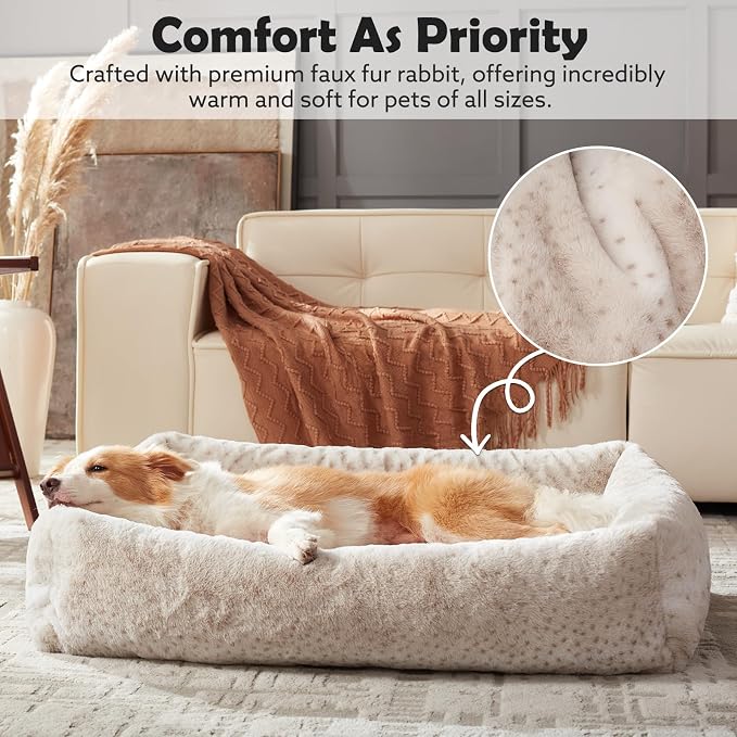 JOEJOY Dog Bed Medium Size Dog, Removable Washable Cover Orthopedic Soft Pet Bed, Anti-Slip Fluffy Plush Faux Rabbit Fur Puppy Bed, 30"x24"x8", Leopard Print, Beige - Image 6