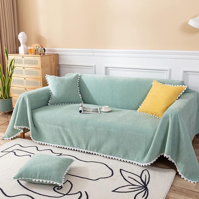 VClife Fresh Sage Green Couch Cover for Sectional Sofa, Soft Chenille Dog Couch Cover for 2 Cushion Couch Pet Friendly Sofa Slipcover Washable Sofa Covers with Floral Lace, 71"X118" by VCLIFE