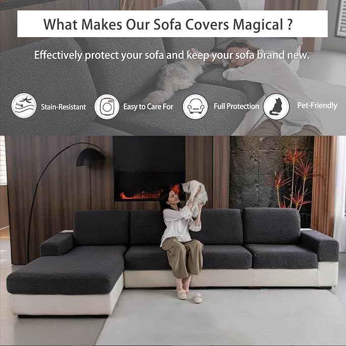 OHSIO Couch Cushion Covers for Sectional Sofa, Stretch Soft Sofa Slipcovers Washable Wear-Resistant Universal Furniture Protector for Living Room(2 Seaters Covers, Dark Gray) - Image 5