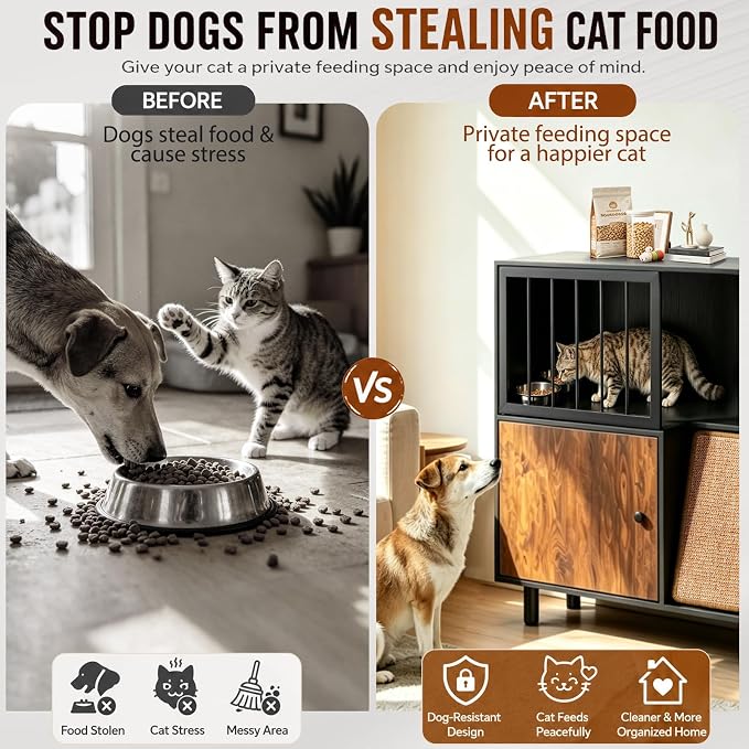 Dog Proof Cat Feeding Station with Storage Cabinet& 2 Stainless Steel Bowls, Elevated Cat Food Station with Scratching Board, Modern Wooden Cat House Furniture for Indoor Cats, Large Pet Cabinet - Image 3