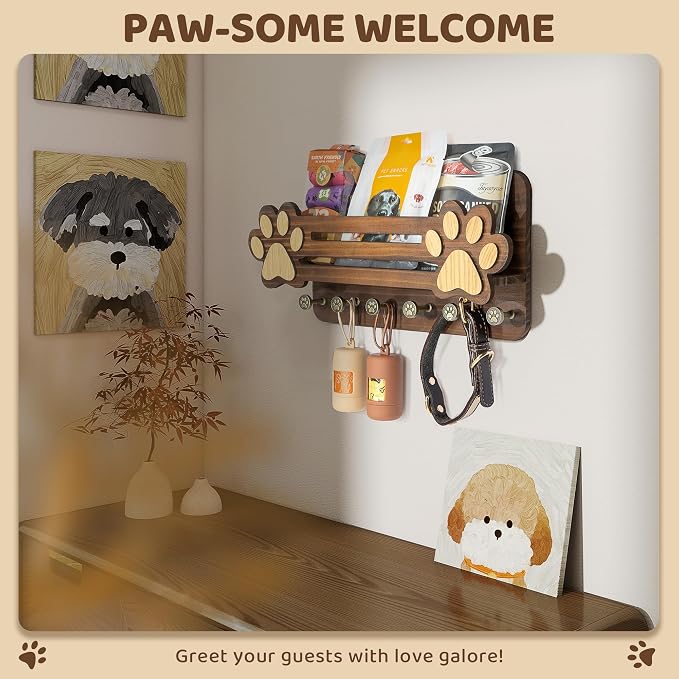 MTERSN Decorative Dog Leash Holder for Wall - Dog Accessories Organizer with Floating Shelf and 6 Key Hooks – Key Holder Wall Mount for Cute Stuff & Rustic Home Decor (Brown) - Image 4