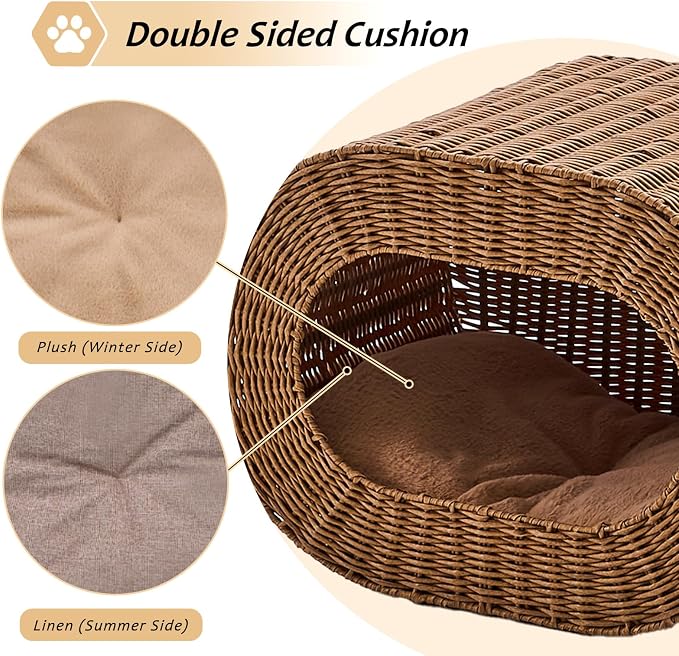 Cat House,Handwoven Cat Cave Pet Cube, Rattan Cat Beds Indoor Kitten House with Double-Sided Soft Cushions, Pet Cat House for Multiple Cats, for Living Room Bedroom - Image 5