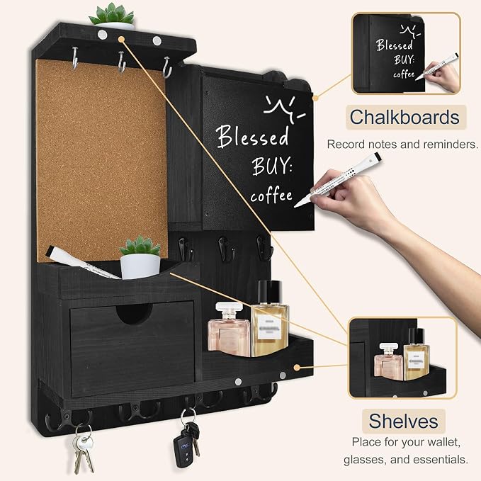 Key Holder Wall Mount, Mail Organizer Key Holder for Wall with Shelf, Drawer, Chalkboard, Corkboard, Home Decor Mounted for Room Entryway (Black) - Image 7