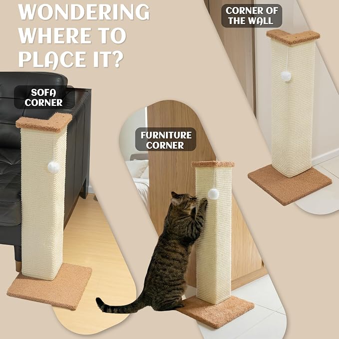PETKARAY Couch Corner Cat Scratcher, 28.5" Sisal Scratching Post for Cats | Corner Wall Scratch Pad for Furniture Protection, Large Vertical Cat Scratching Post with Plush Base - Image 6