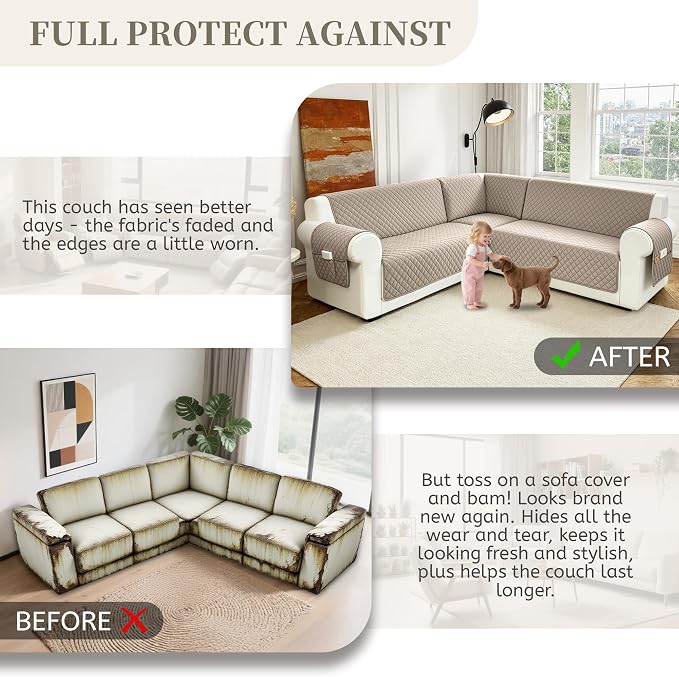 Sectional Couch Covers for Dogs 100% Waterproof Corner L Shaped Sofa Cover Pet Friendly Velvet Washable Anti Slip L Shape Modular Sofa Slipcover Protector with Pockets (Taupe, XX-Large) - Image 7