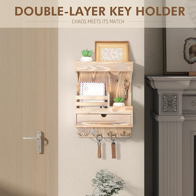 Rebee Vision Key Holder Wall Mount with Drawer for Entryway, Natural Wood | Key Holder for Wall, 6 Key Hooks, Wall Shelf, Drawer Organizer, Mail Sorter, Key Hanger Home Decor, Decorative Home Storage - Image 3