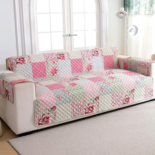 Cmfshape Skidproof Sofa Cover-Patchwork Sofa Slipcover with Elastic Straps-Easy Fit Slip Cover-Rose Washable Furniture Protector for Pets and Kids(Loveseat,Pink&Grey) by cmfshape-quiltset