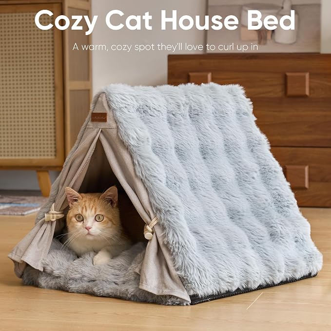 FUKUMARU Cat Cave Bed, Sturdy Frame Washable Cat Tent Bed with Curtain | Semi-Enclosed Cat Hideaway for Anxious Cats, Large Cozy Cat House for Indoor Cats, Soft Plush Covered Dog Bed, Grey - Image 7