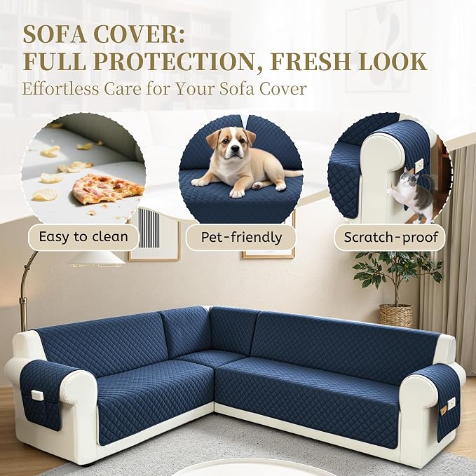 Sectional Couch Covers for Dogs 100% Waterproof Corner L Shaped Sofa Cover Pet Friendly Velvet Washable Anti Slip L Shape Modular Sofa Slipcover Protector with Pockets (Navy Blue, XL Plus) - Image 4