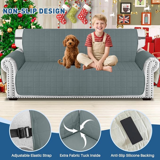 MAXIJIN Waterproof Oversized Couch Covers for 3 Cushion Couch, 79" Quilted Sofa Covers Washable Pet Dog Couch Cover Protector with Elastic Strap & Side Pocket (Large Sofa, Dark Gray) - Image 4