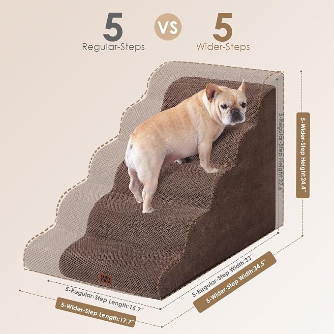 EHEYCIGA Curved Dog Stairs Ramp for High Beds, 5-Step Extra Wide Dog Steps for Small Dogs and Cats, Pet Stairs for High Bed Climbing, Non-Slip Balanced Pet Step Indoor, Brown - Image 4