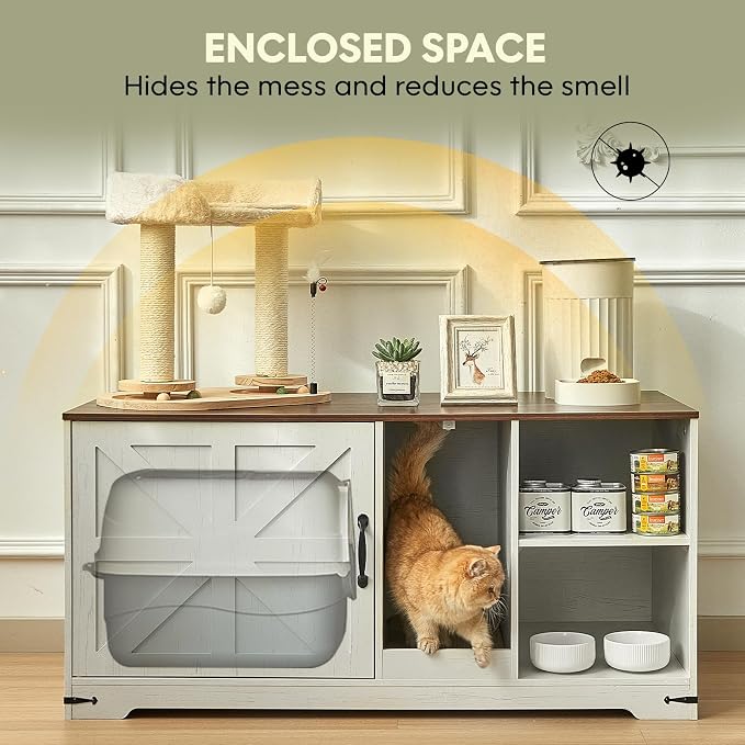 Cat Litter Box Enclosure, 43" Farmhouse Litter Box Furniture with Storage, Lights, Cardboard, Indoor TV Stand Wood Cat House Washroom End Side Table, White - Image 6