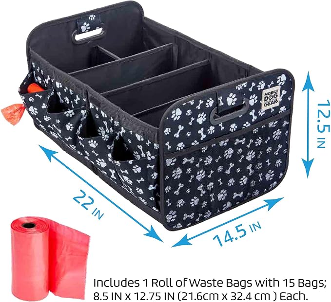 Mobile Dog Gear, Dogssentials Collapsible Storage Organizer for Travel with Built-in Waste Bag Dispenser, Includes 1 Roll of Waste Bags, Black/White Paw Bone Print, Meets Airline Regulations - Image 7