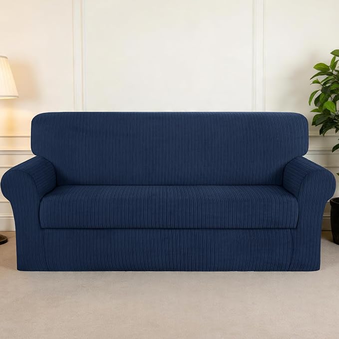 Sofa Cover Stretching Skid Resistance Couch Cover for Pets Washable, Thick and Durable Soft High Spandex Striped Pattern Sofa Covers, Form Fitted Sofa Slipcover(Sofa, Navy) - Image 7