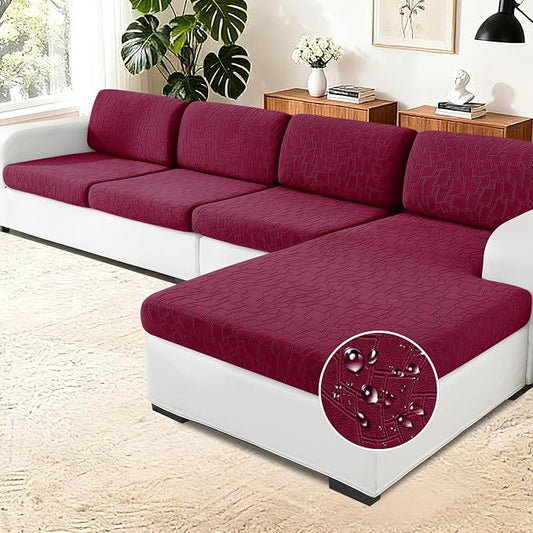 MAXIJIN Waterproof Sectional Couch Cover 4 Pieces Stretch Couch Cushion Covers for Sectional Sofa L Shape Seat Slipcovers with Elastic Bottom for Dog Pet (3 Seater + 1 Chaise, Wine Red) by MAXIJIN