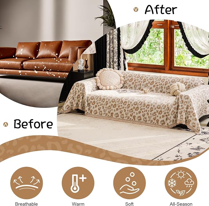 VClife Bohemian Leopard Couch Cover Furniture Protector, Washable Non Slip Sofa Cover for L Shape, Anti-Pilling Couch Covers for 3-4 Cushion Couch Sofa Dog Cat Sofa Throw Cover, Khaki, 71''x150'' - Image 4