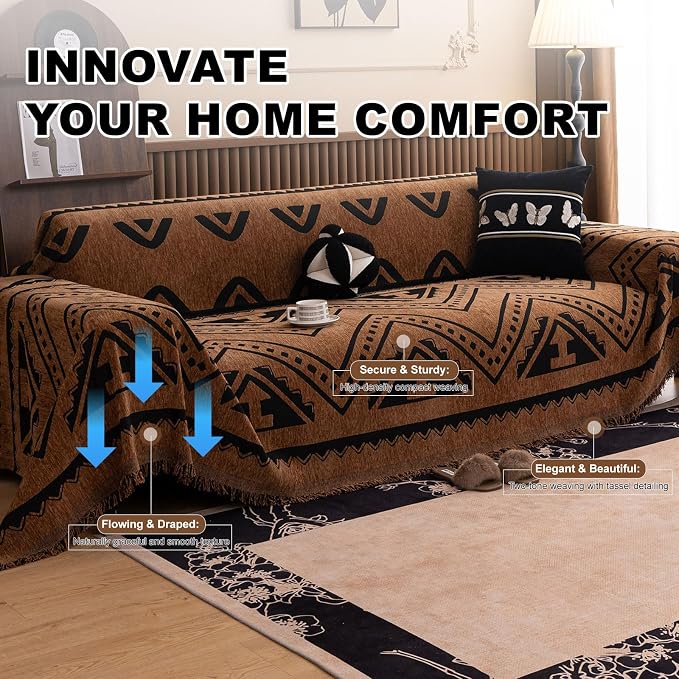 ROOMLIFE Dark Brown Couch Cover 3 Cushion Sofa, Washable Non Slip Furniture Sofa Protector Cover, Soft Chenille Sofa Slipcovers Sectional L Shape Dogs Couch Cover Throw Blanket with Tassels71''X150'' - Image 2
