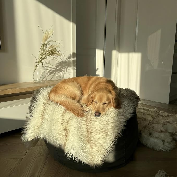 Faux Fur Dog Blanket, Waterproof Couch Cover, White w/ Brown Tips 40"x30" | Plush Sheepskin Style Pet Throw for Sofa, Bed, and Car, Washable Furniture Cover that Protects From Fur and Spills - Image 8