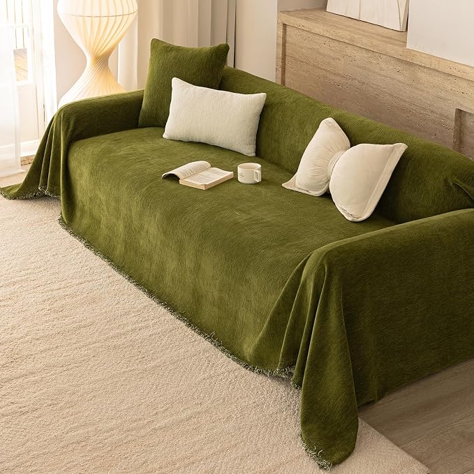 Green Boho Couch Covers for Sofa Washable for 3 Cushion Couch,71''X150'' | Chenille Furniture Protector Sofa Couch Cover for Dogs, Soft Breathable Sofa Slipcover, Couch Throw Blankets with Tassels - Image 2