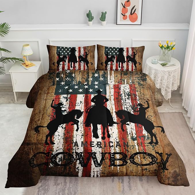 Western Cowboy Comforter Set American Flag Printed Bedding Set with 1 Comforter and 2 Pillowcases for Boys and Girls Bedroom All Season(Cowboy Twin) by SmellSunshine