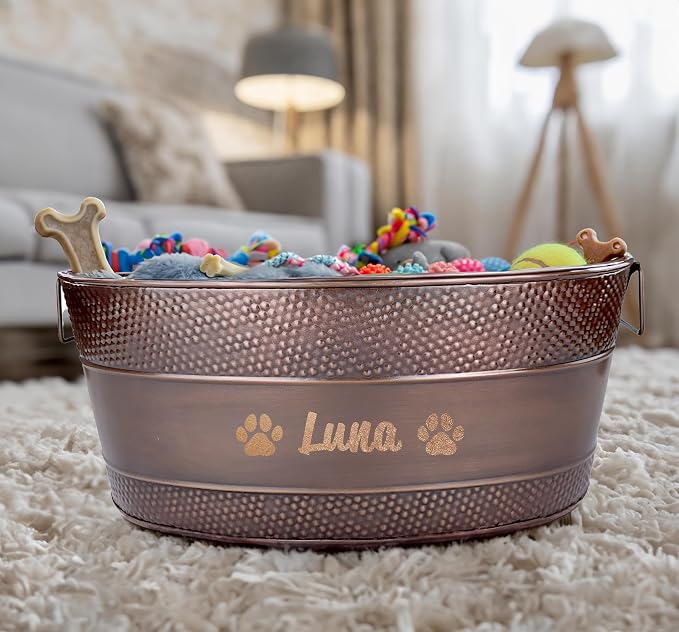 BREKX Personalized Copper Metal Dog Toy Storage Bin with Handles, Large - Image 6