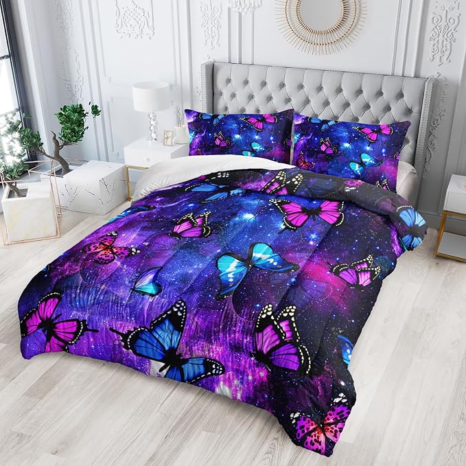 Nttopship Violet Butterfly Comforter Sets Queen Size,Galaxy Starry Sky Bedding Sets for Kids,Violet Butterfly and Milky Way Comforter Sets All Season 1 Comforter and 2 Pillowcases - Image 2