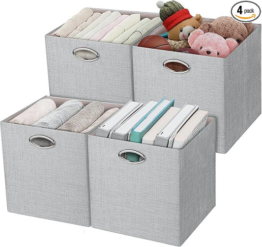 Posprica Storage Cubes, 12×12 Collapsible Storage Basket Bins,Heavy Duty Fabric Containers, 4pcs, Sliver Grey by Posprica