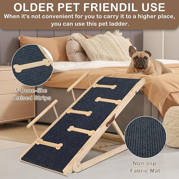 Dog Ramp for Bed, Non-Slip Pet Ramp with Adjustable Heights, Portable Foldable Dog Ramps for Cars, SUVs, Beds - Anti-Slip Traction Surface, Holds Up to 160 lbs, Lightweight & Easy Storage (47.3 INCH)