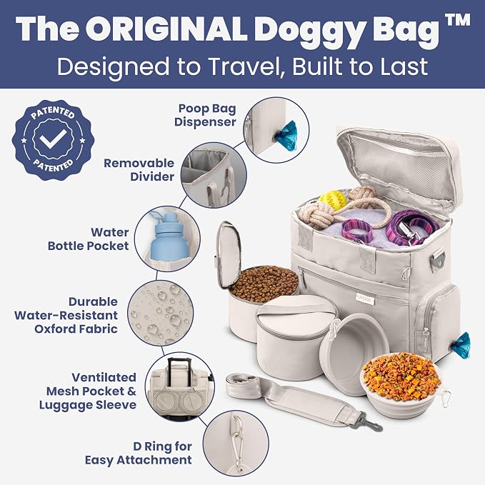 Rubyloo Original Doggy Bag™ Dog Travel Bag for Supplies with Travel Bowls | 2 BPA-Free Collapsible Bowls, 2 Pet Food Containers, TSA-Ready, Road Trips, Camping, Weekend Getaways, Doggy Gift, Beige - Image 2