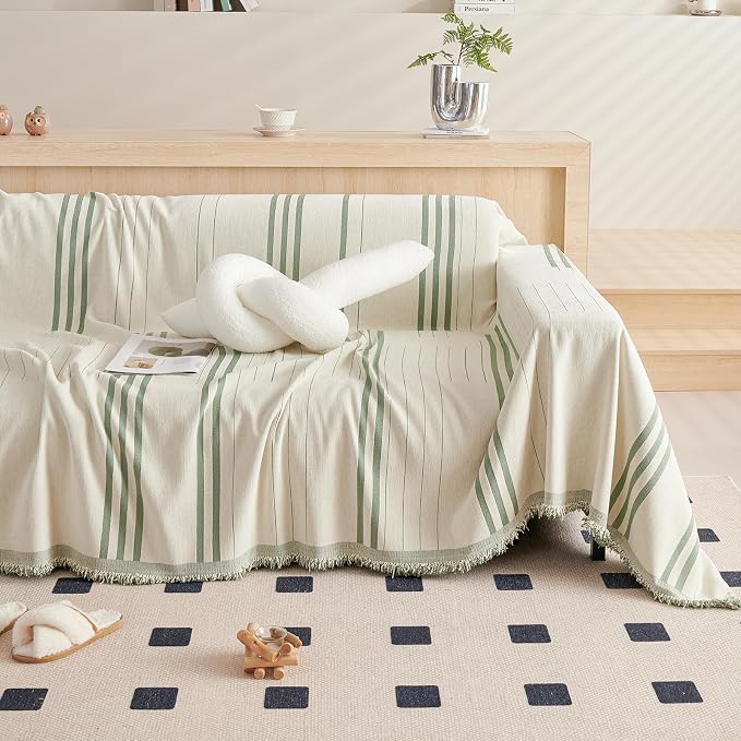 DREAMINGO Chenille Armchair Cover Jacquard Sofa Covers Washable Furniture Protector Recliner Couch Cover 1 Cushion Reversible Chair Cover Beige Green Striped Couch Cover Blanket 71"x 71" - Image 7