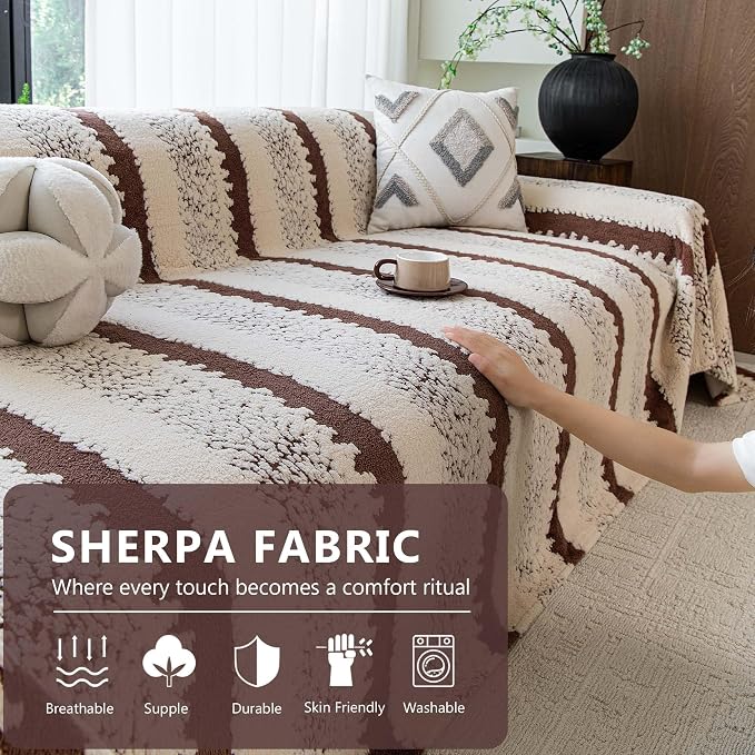 Sherpa Fleece Oversized Couch Cover for 3-4 Cushion Sofa, Brown 71" x 150" - Pet Proof Sofa Covers Heavy Duty Scratch Resistant Pet Friendly Furniture Cover - Easy Install, Machine Washable - Image 2