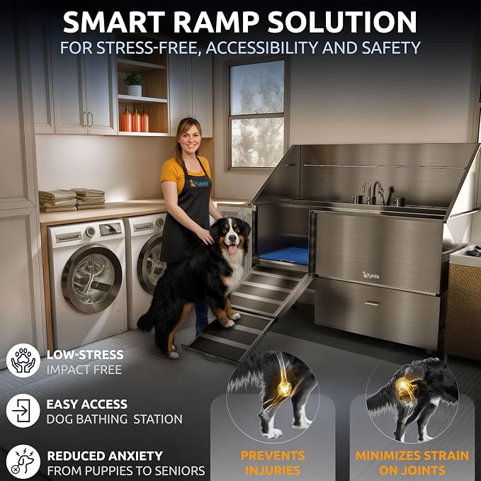 KANIS Professional Dog Washing Station 304 Stainless Steel Pet Wash Sink | Grooming Bathtub w/Shower, Floor Grates and Storage for Large, Medium & Small Pets (Silver, 61 Inches, Left Ramp, 1 Drawer) - Image 3