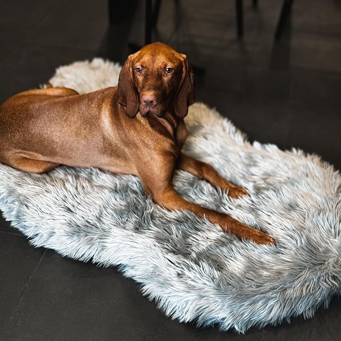 Faux Fur Orthopedic Dog Bed, Memory Foam, Grey 50"x30" | Plush Washable Dog Rug with Waterproof Machine Washable Cover, Calming for Anxious Senior Dogs, Relieves Joints by iHappyDog