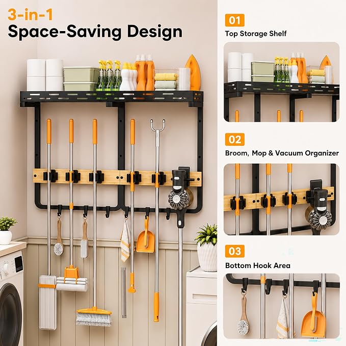 Large Broom Mop Holder Wall Mount with Shelf,5 Grips,6 Hooks,Vacuum Hook | 3-in-1 Cleaning Supplies Organizer,Broom Organizer,Top Shelf with Railing,Storage Rack for Laundry Utility Garages Kitchens, - Image 2