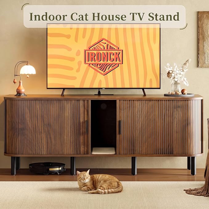 IRONCK 60" Double Cat Litter Box Enclosure with Power Outlet | Sliding tambour door. Built-in power outlet. 60" TV stand top. Walnut finish with 4.3" raised base. - Image 4