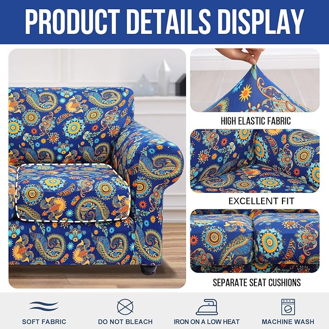 hyha Stretch Couch Cover, Sofa Covers for 2 Separate Cushion Couch Washable | Loveseat Cover, Floral Pattern, Printed, 3 Pieces, 2 Seater Furniture Protector with Elastic Bottom for Dogs, Pet Friendly - Image 4