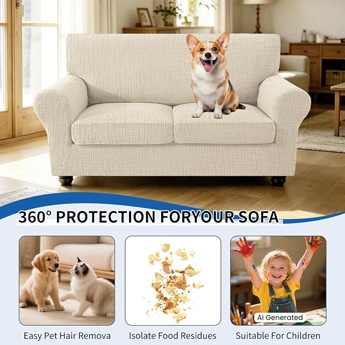 CYCMCAO 3 Piece Stretch Sofa Cover Couch Covers for 2 Cushion Couch, Non Slip Loveseat Covers, Sofa Covers Washable with Elastic Bottom for Kids, Dogs (Beige), 55"-69" (2 Cushion Loveseat) - Image 5
