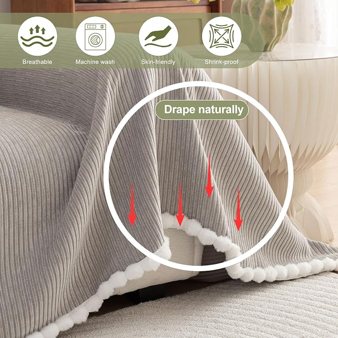 ROOMLIFE Boho Couch Covers for Sofa Washable for 3 Cushion Couch, Chenille | Furniture Protector Sofa Couch Cover for Dogs, Soft Breathable Sofa Slipcover, Couch Throw Blankets with Tassels 71''X134'' - Image 2