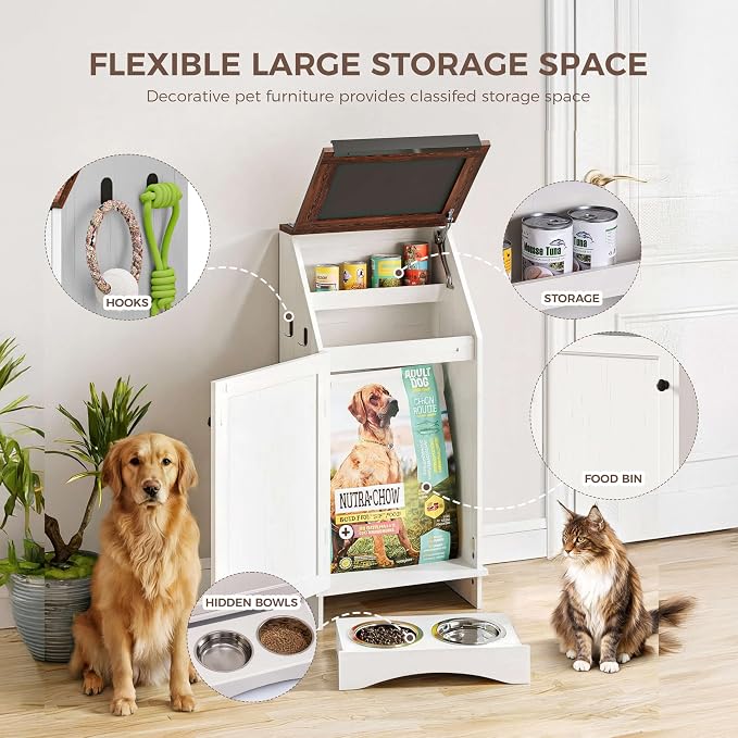 FIMELLO Dog Feeding Station with Storage, Dog Food Cabinet with 2 Hidden Feeding Bowls, Flip-Top Pet Storage Cabinet, Pet Food Holder, White Grain - Image 4