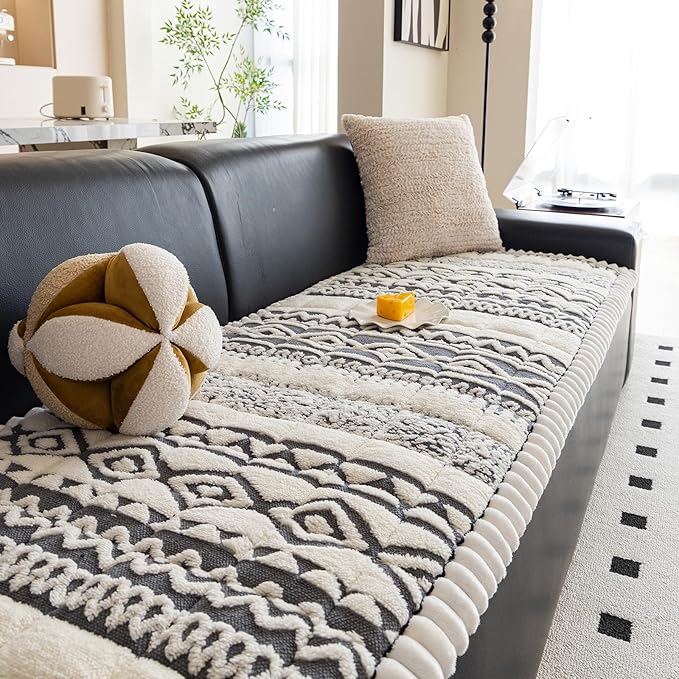 VClife Boho Couch Cover, Soft Fuzzy Couch Covers for Dog, Non-Slip Furniture Protector, Washable Durable Sofa Covers for Couch/Bench, Tribal Grey Pumpkin Geometric Slipcover, 27.6" x 70.9" by VCLIFE