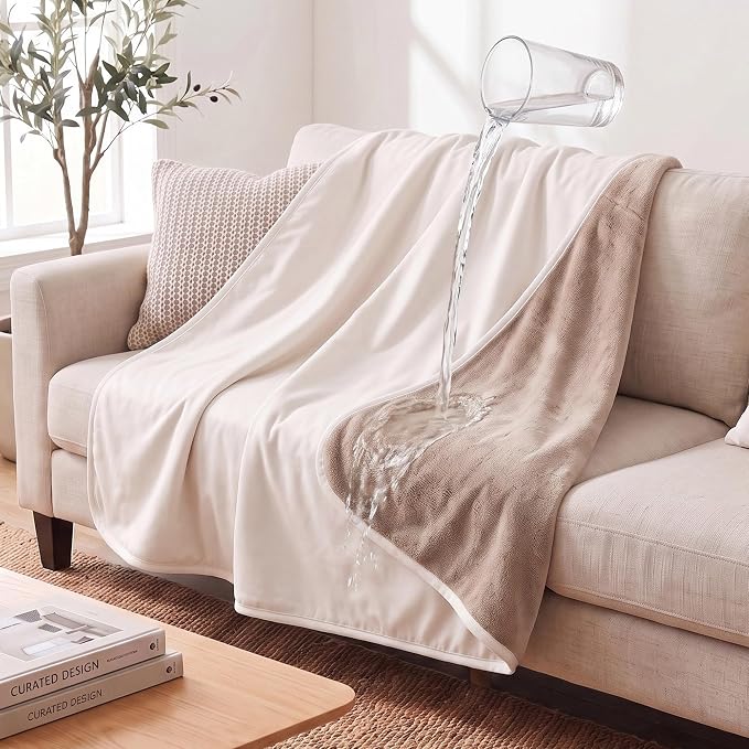 Waterproof Blanket - Reversible Dog Throw as Furniture Protector | Soft Velvet & Flannel, TPU Leak-Proof Liner, Machine Washable, Fits Couch and Bed, 68" x 82", Beige/Khaki by TuffeelHome