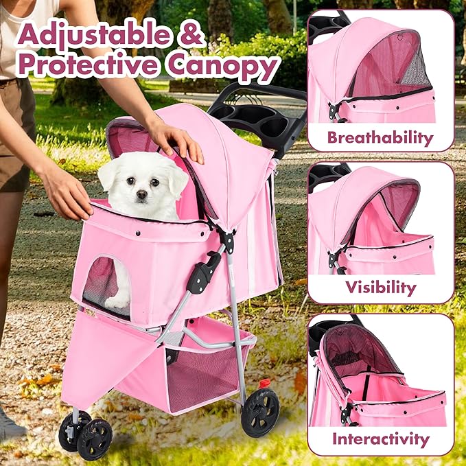 Sweetcrispy 3 Wheels Pet Stroller for Small Dogs and Cats – Foldable Dog Stroller with Mesh Windows, Storage Basket & Cup Holder, Lightweight & Durable Pet Carrier for Travel, Outdoor Use, Pink
