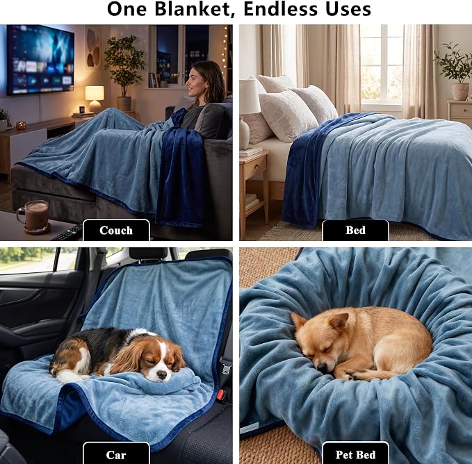 Waterproof Blanket - Reversible Dog Throw as Furniture Protector | Soft Velvet & Flannel, TPU Leak-Proof Liner, Machine Washable, Fits Couch and Bed, 52" x 82", Navyblue/Stoneblue - Image 6