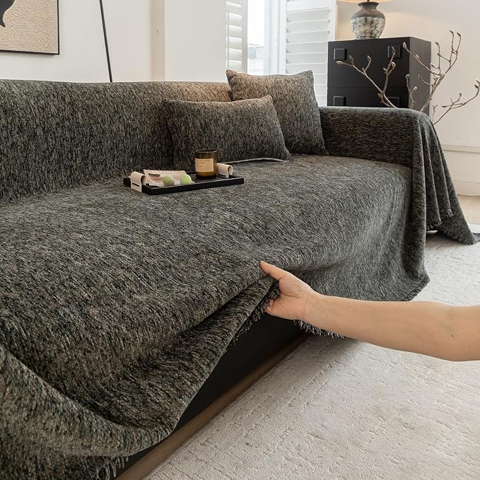 ROOMLIFE Gray Couch Cover Boho Sofa Covers for 3 Cushion Couch Washable, Furniture Protector Sofa Couch Cover for Dogs, Soft Chenille Sofa Slipcover, Couch Throw Blankets with Tassels 71 '' X 134'' - Image 4