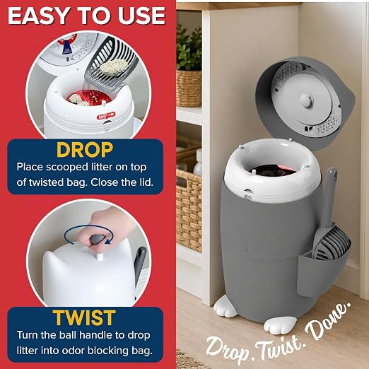 Red Rocket Kitty Twist'R Plus Cat Litter Disposal System, Litter Trash Can | Grey, Odor Control, Large Capacity, Holds Up to 12 Lbs, Includes 2 Size #1 Odor Blocking Bags, 2 Charcoal Sachets, Scoop - Image 4
