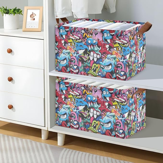 Abstract Grunge Graffiti Monster Baby Storage Basket with Labels&Handles Rectangular Waterproof Nursery Storage Bins Collapsible Shelf Organizer Baskets for Kids Books Cloth Gift Toys Laundry, 2 Pack - Image 3