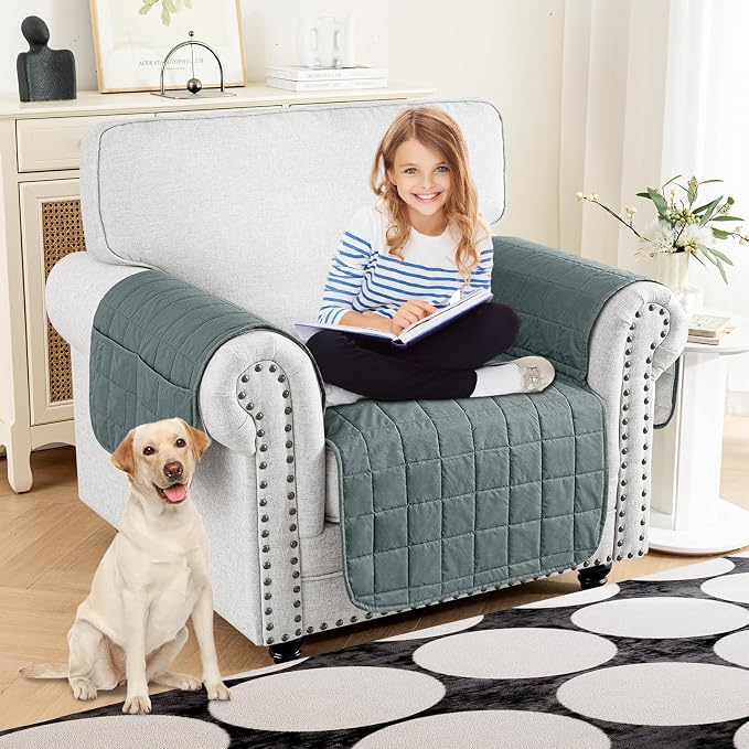 MAXIJIN Waterproof Chair Cover for Dogs Washable, Quilted Chair Seat Cover Sofa Slipcover for Armchair with Side Pockets, Non-Slip Furniture Protector for Pets Kids (Chair, Dark Gray) - Image 2