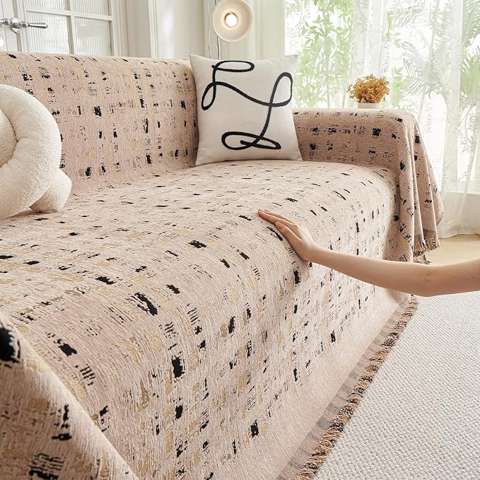 DREAMINGO Abstract Chenille Couch Cover Blanket Coffee Black Boho Sofa Cover, Washable Furniture Protector, Universal Slipcover for Couch, Geometric Brushstroke Jacquard, Large 71"x118" - Image 3