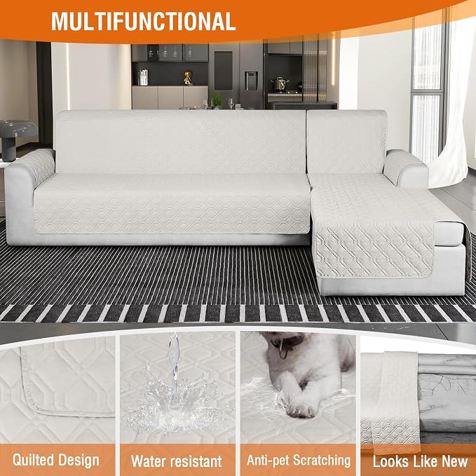 VANSOFY Sectional Couch Covers 100% Waterproof L Shaped Sofa Slipcover 3pcs Reversible Chaise Lounge Cover for Sectional Sofa Furniture Protector Cover for Pets Dog Cat(X-Large, Beige) - Image 5